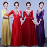 新款大合唱服装女长裙演出现代大摆中袖表演礼服红色合唱礼服
