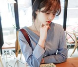 2016新款韩国代购女装东大门韩版小性感露锁骨双V领细条纹衬衫