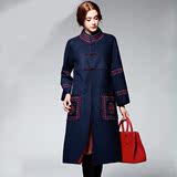 2016冬季新款高端双面羊毛呢大衣韩版宽松大码刺绣外套女中长款