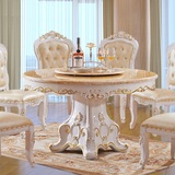 欧式圆餐桌椅组合天然大理石白色圆桌旋转带转盘实木小户型圆形桌