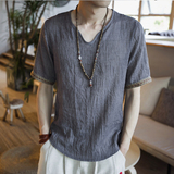 中国风亚麻短袖T恤夏季V领薄款宽松加大码男装简约复古棉麻半袖潮