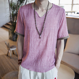 中国风亚麻短袖T恤夏季V领宽松加大码男装简约复古薄款棉麻半袖潮