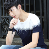夏季薄款潮流青年撞色印花圆领短袖T恤学生韩版修身纯棉T恤男长袖