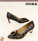 茉莉卡女鞋专柜正品印花炫彩金属装饰中跟女瓢鞋16A0117-3黑红色