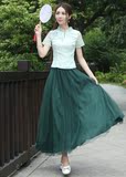 夏季复古文艺女装 中国风旗袍上衣半身裙长裙 两件套裙茶人服女