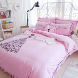 高档简约韩式刺绣纯棉四件套粉色公主风全棉床单被套1.8床上用品
