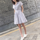 SZM韩国竖条纹短袖衬衫a字型收腰修身显瘦连衣裙中长款韩版裙子夏
