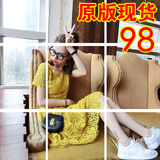 韩版新款2016夏装中腰甜美黄色短袖蕾丝公主蓬蓬裙显瘦钩花连衣裙