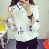 2016春装韩版长袖学生衬衫女宽松显瘦可爱卡通印花纯棉休闲衬衣潮