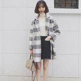 秋冬新款韩版学院风格纹宽松显瘦妮子外套 中长款羊毛呢大衣女潮