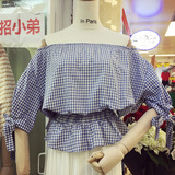 韩国ulzzang2016夏装新款inparis宽松一字肩上衣女格子棉麻衬衫潮