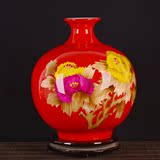 景德镇陶瓷器中国红牡丹麦秆花瓶现代家饰工艺品台面玄关客厅摆件