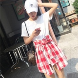 2016韩版白t恤拼接格子衬衫a字短裙夏 学院风假两件短袖连衣裙女