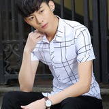 夏季短袖衬衫男2016新款条纹半袖寸衫韩版修身潮男青少年学生衬衣