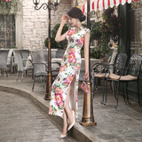 上海滩丝绸旗袍裙改良礼服粉色玫瑰花修身长款旗袍日常复古连衣裙