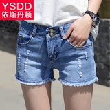 韩版时尚高腰牛仔短裤女式夏季薄弹力修身显瘦学生毛卷边破洞热裤