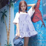 2016夏新款韩国学院风小清新格子吊带短裙无袖背心连衣群女
