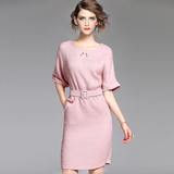 欧洲站2016女装修身显瘦欧美高端大牌OL粉色连衣裙中长款短袖夏季