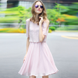 欧美2016新款时尚A字裙子 气质淑女修身显瘦粉色短袖露肩连衣裙仙