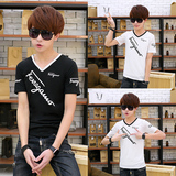 夏季男装短袖t恤男青少年学生V领韩版修身个性潮流简约印花半截袖