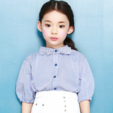 韩国童装女童条纹短袖衬衫衬衣中大童韩版蝴蝶结学院风公主上衣棉