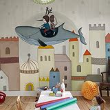 创意手绘童话城堡鲸鱼卡通壁纸定制儿童男孩卧室墙纸无缝壁画