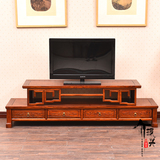 明清仿古典家具中式实木榆木电视柜雕花电视机柜高低双层电视柜特