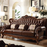 欧式沙发 实木雕花真皮沙发美式法式田园沙发小户型客厅沙发组合