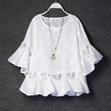 2016女夏装新款纯棉刺绣白色娃娃衫蕾丝花边中袖喇叭袖荷叶边上衣
