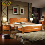 现代简约中式全实木床1.8米高箱储物家具卧室雕花双人橡木婚床1.5