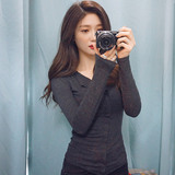 2016新款韩版秋冬T恤女长袖薄款修身百搭打底衫拼接翻领上衣