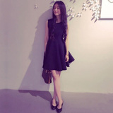韩国代购2016夏季新款无袖圆领高腰黑色A字裙子修身小黑裙连衣裙