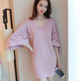2016韩版秋季新款女装针织衫蕾丝灯笼喇叭中袖V领中长款毛衣裙子