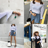 韩国2016夏季百搭小性感露肩条纹T恤女喇叭袖薄款显瘦长袖防晒T潮