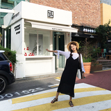 韩国2016新款V领性感露肩下摆开叉PU皮吊带连衣裙雪纺长裙小黑裙