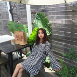 韩国甜美可爱系带镂空长袖复古格子连衣裙一字领学院风纯色中长裙