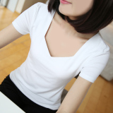 夏季韩版低领纯色半袖t桖上衣弹力修身打底衫简单方领t恤女短袖
