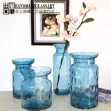 出口尾单二级品蓝色浮雕效果玻璃花瓶 家居软装插花摆件饰品水培