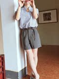 2016年韩版夏装宽松女装V领条纹衬衫短裤两件套时尚套装女夏学生