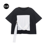 花田橱窗 欧美港版设计H763撞色黑白圆领织带宽松短袖女T恤上衣夏