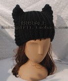 韩版秋冬新款手工纯羊毛线猫耳朵帽子女士恶魔角保暖毛线帽子
