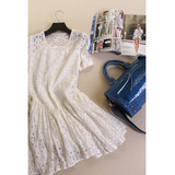 特惠 日本原单正品 品质棉质花朵蕾丝纯色短袖收腰显瘦连衣裙