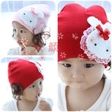 特韩版儿童帽子 宝宝帽子 婴儿帽子 蕾丝兔子假发帽子 毛线针织帽
