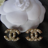 欧洲正品代购CHANEL香奈儿大小珍珠镶嵌双C耳钉金银两色