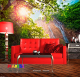 整张无缝大型壁画 电视背景墙壁纸 3d沙发墙纸阳光风景画瀑布树林