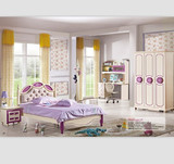 儿童韩式家具套房 紫色公主软包靠背床女孩卧室四件套气动高箱床