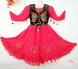 儿童舞蹈服装演出服装新疆民族服装维族舞台服装大红色女童雪纺裙