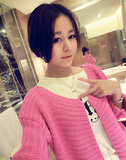 2014春装新款韩版糖果色中长款宽松卷边袖毛线针织开衫女毛衣外套