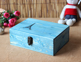 带锁收纳盒 实木zakka桌面储物大号可放A4纸蓝色木盒子小木盒木质