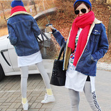 2014冬季牛仔外套女 长袖韩版修身 加绒加厚羊羔绒中长款 潮